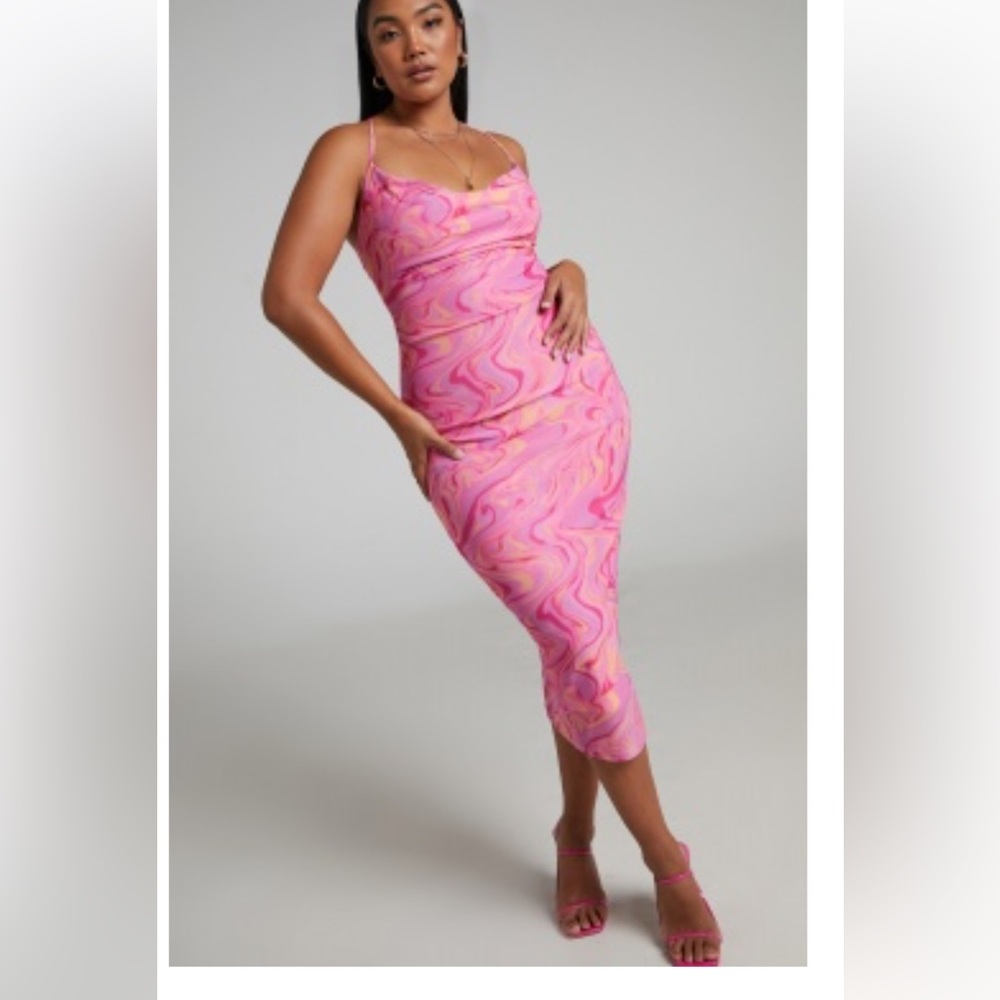 Showpo HELGA COWL NECK RUCHED MIDI DRESS IN MESH IN PINK SWIRL